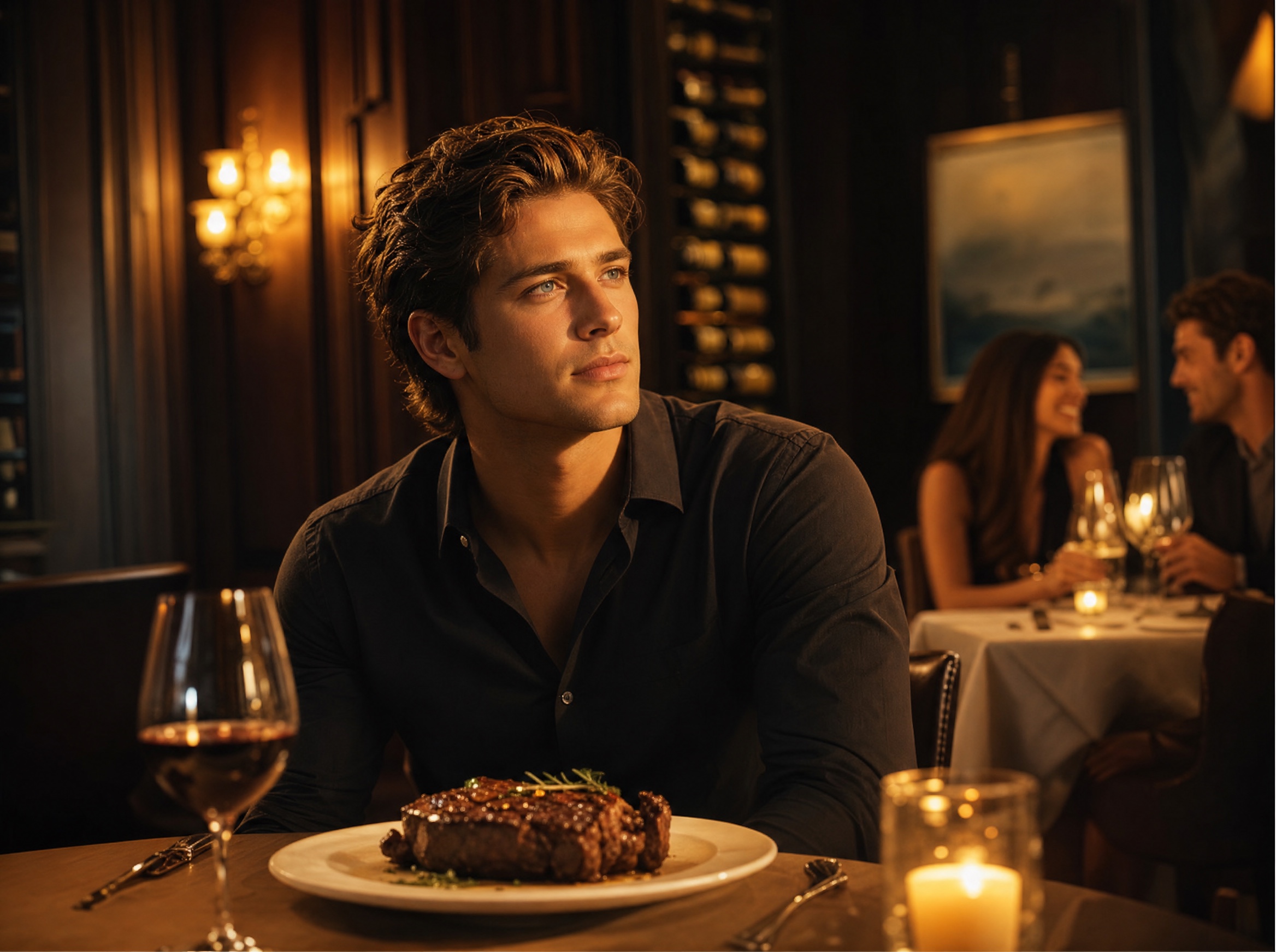 Leo seated alone at a candlelit corner table in his usual steakhouse