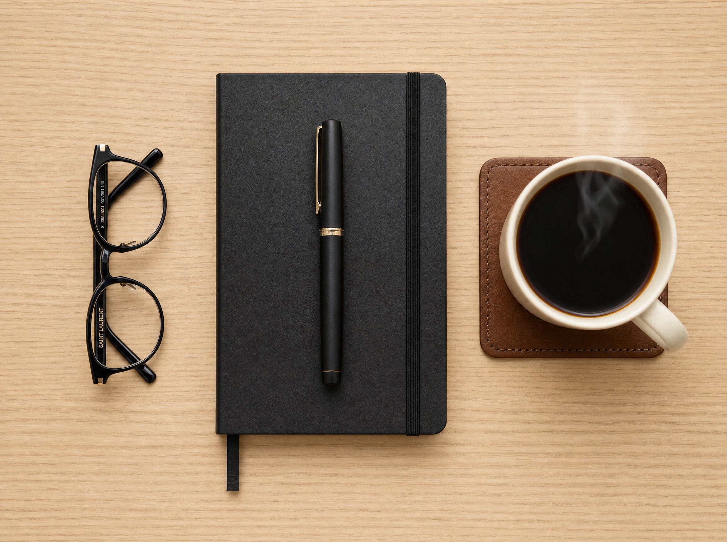 Top-down minimalist desk: black notebook, fountain pen, coffee on leather coaster, reading glasses